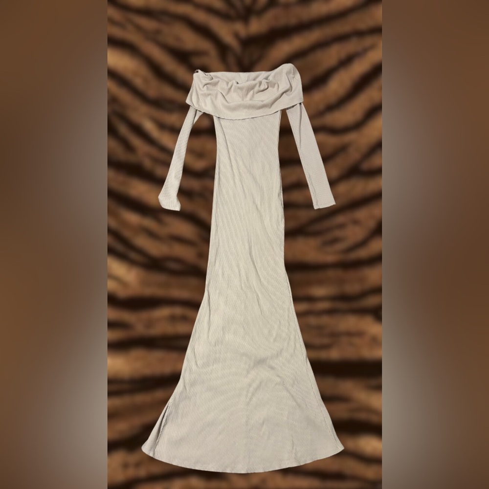 Cream Off-Shoulder Ribbed Maxi Dress | Long Sleeve Bodycon | Elegant Neutral Fit